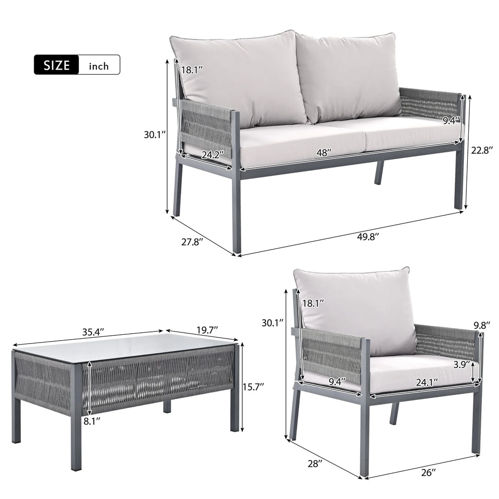 4PCS Outdoor Woven Rope Patio Furniture Set with Tempered Glass Tabletop G312548