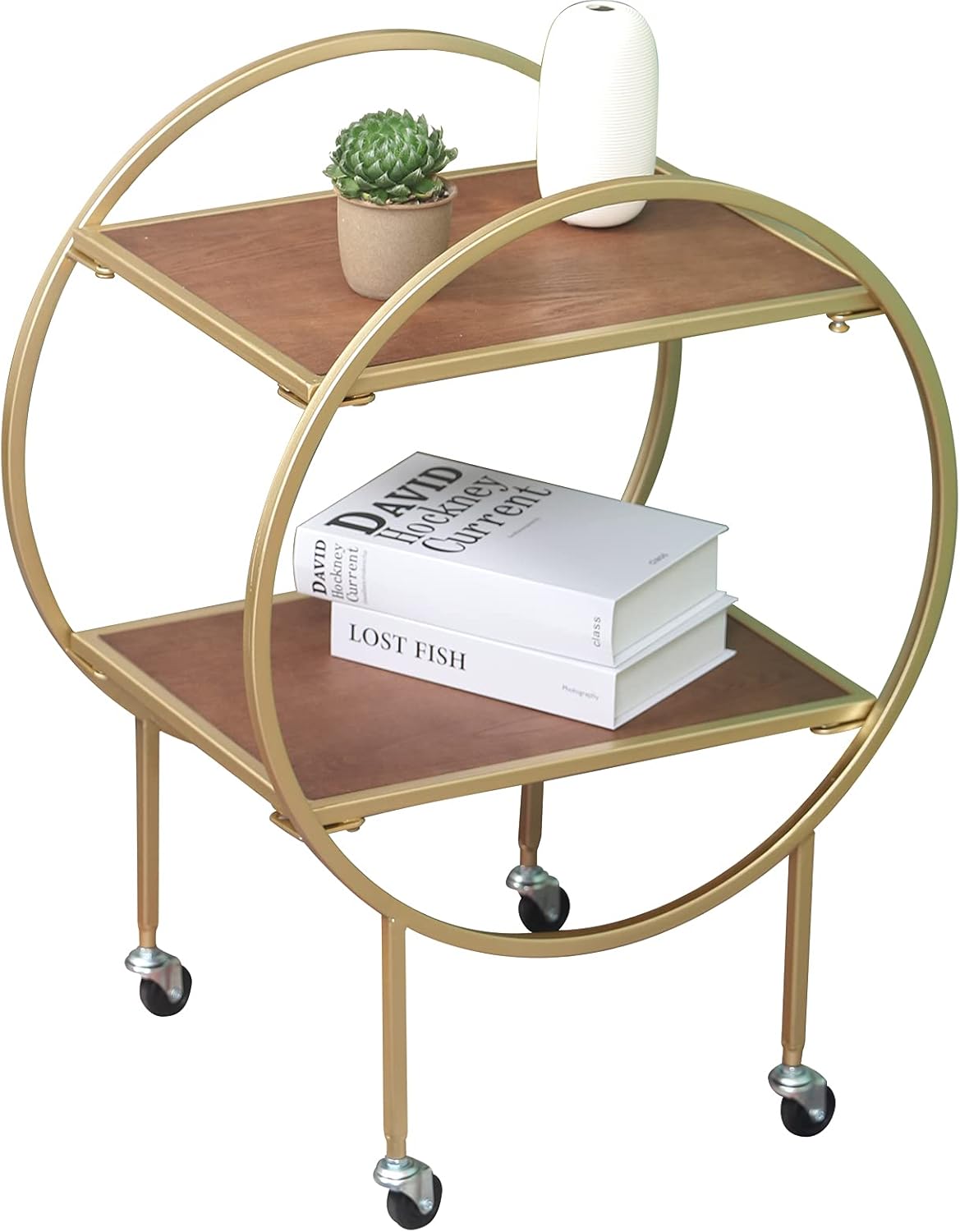 2-Tier Round Side Table with Wheels Metal Frame Removable Nightstand Utility Rolling Cart Q7647