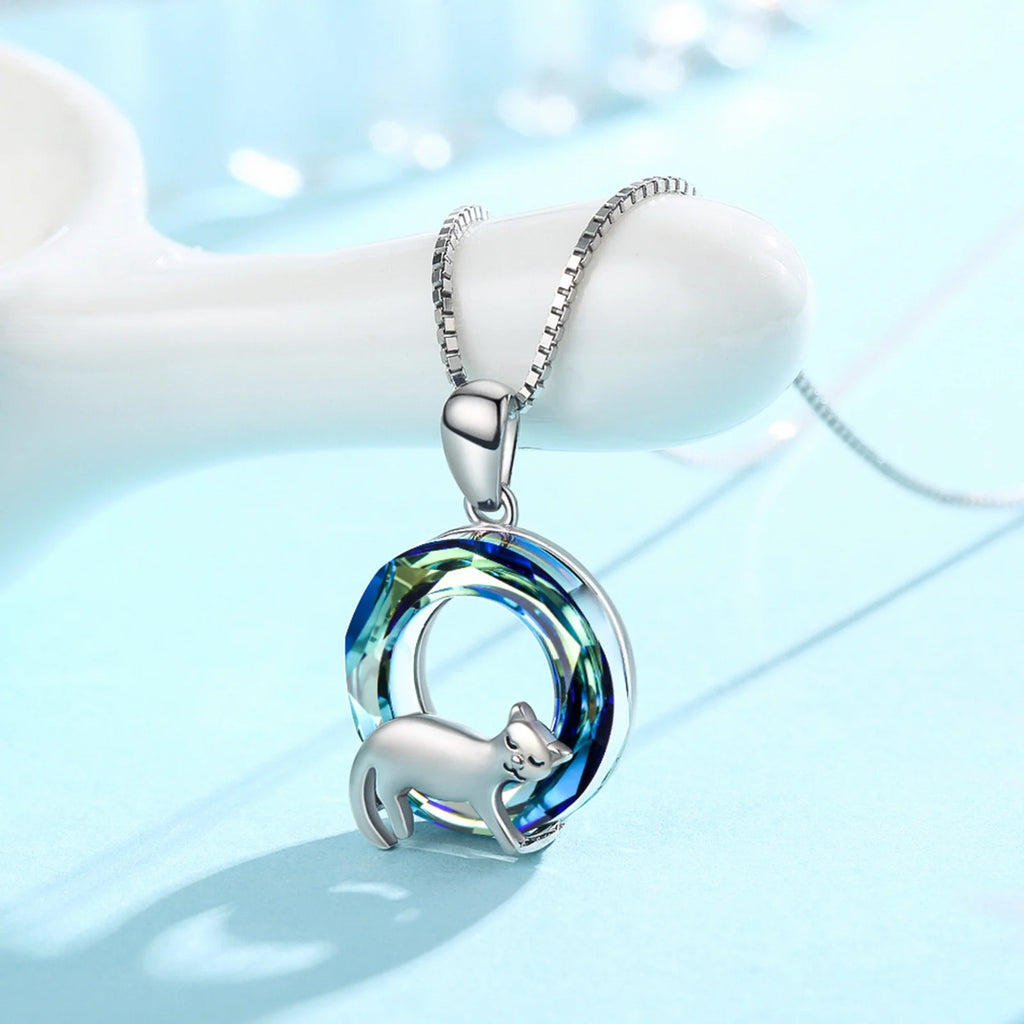 Cat Crystal Pendant Necklace 925 Sterling Silver U483