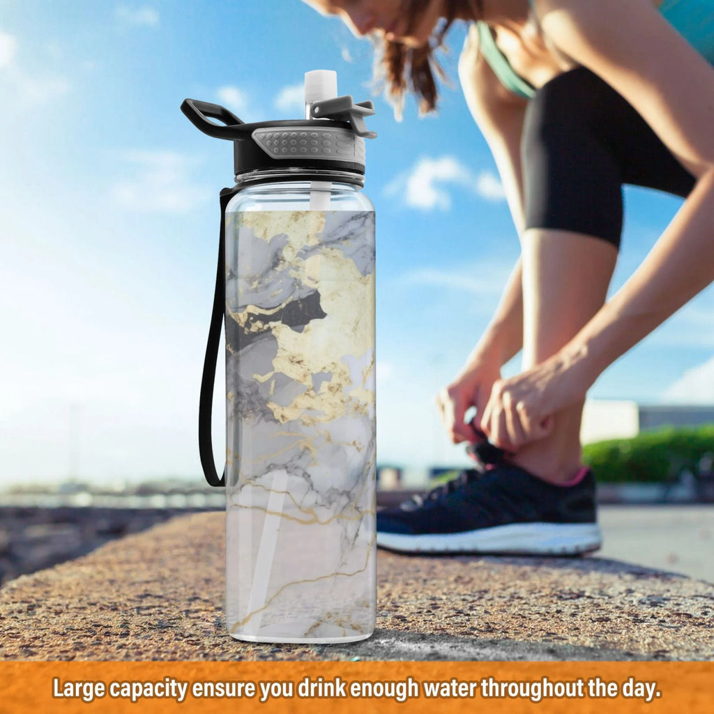White and Black Golden Marble 32oz Tritan Leakproof Water Bottle with Straw I9032