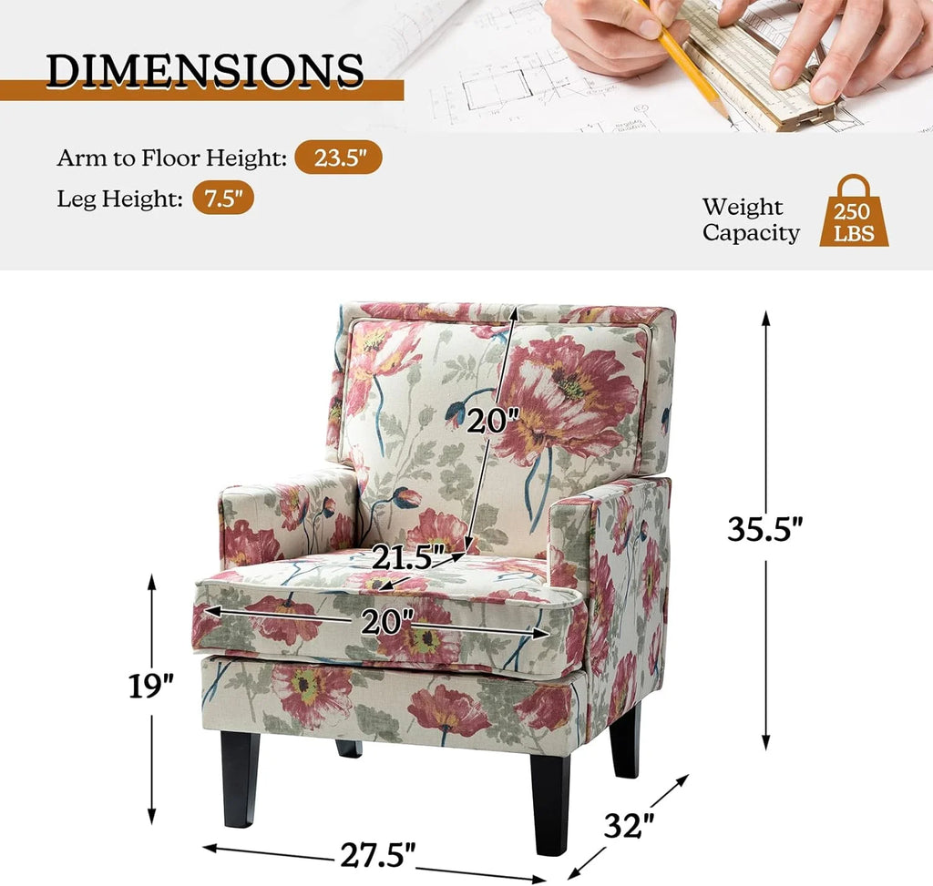 Red Floral Fabric Club Chair with Arms and Rubber Wood Legs L4389