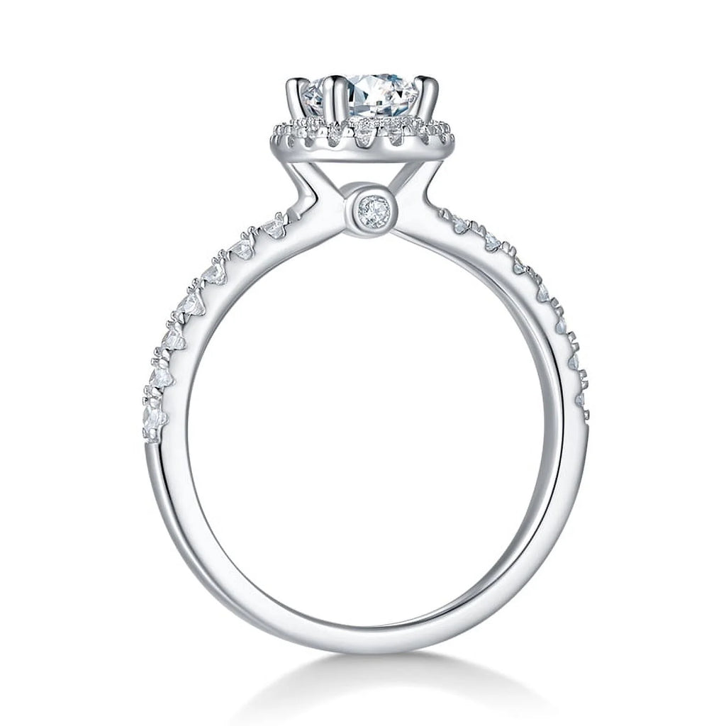 Pear Cut Moissanite Engagement Ring Pave Halo In 18K White Gold Plating Over Silver I1382