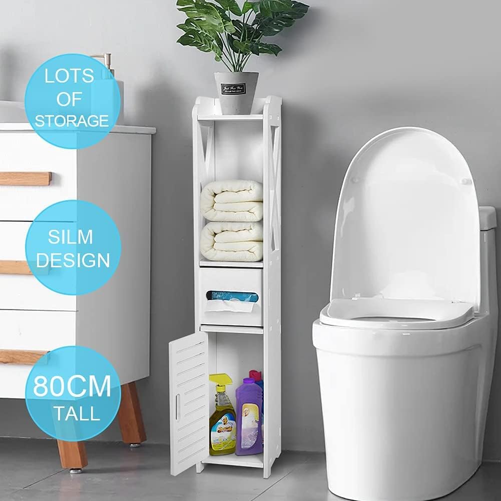 White Bathroom Floor Cabinet Storage Organizer, 31.5 x 6.1 x 5.9 inch K15760