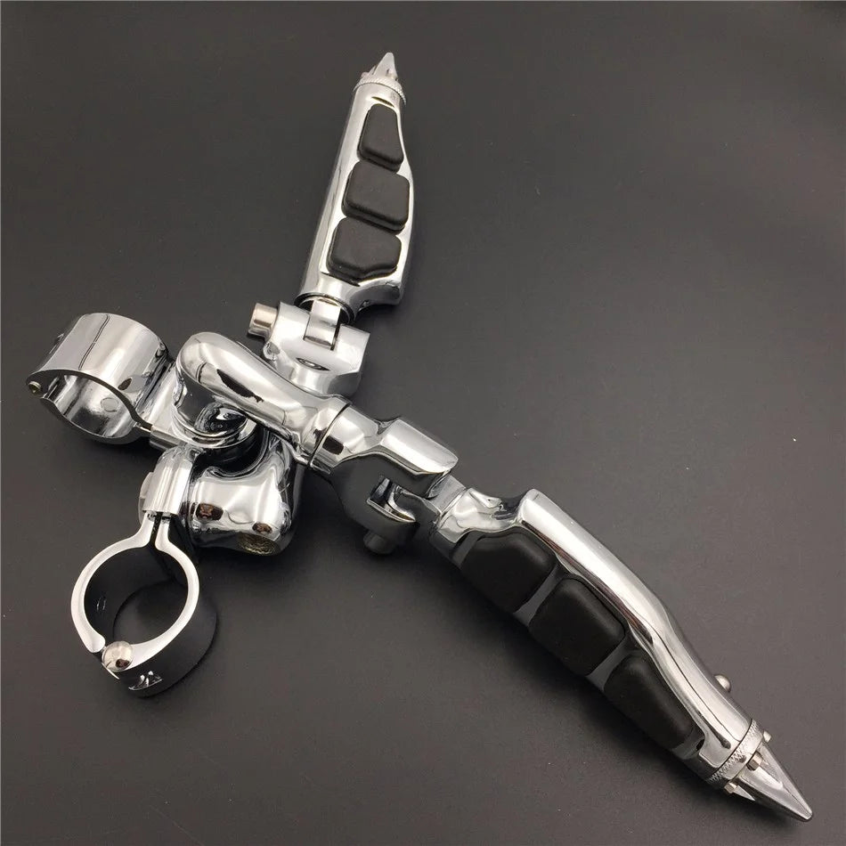 Chrome Angled Mounting Kit with Stiletto Shape Foot Peg Footrest For 1.25 inch Front Engine Guard Frame Tube F112