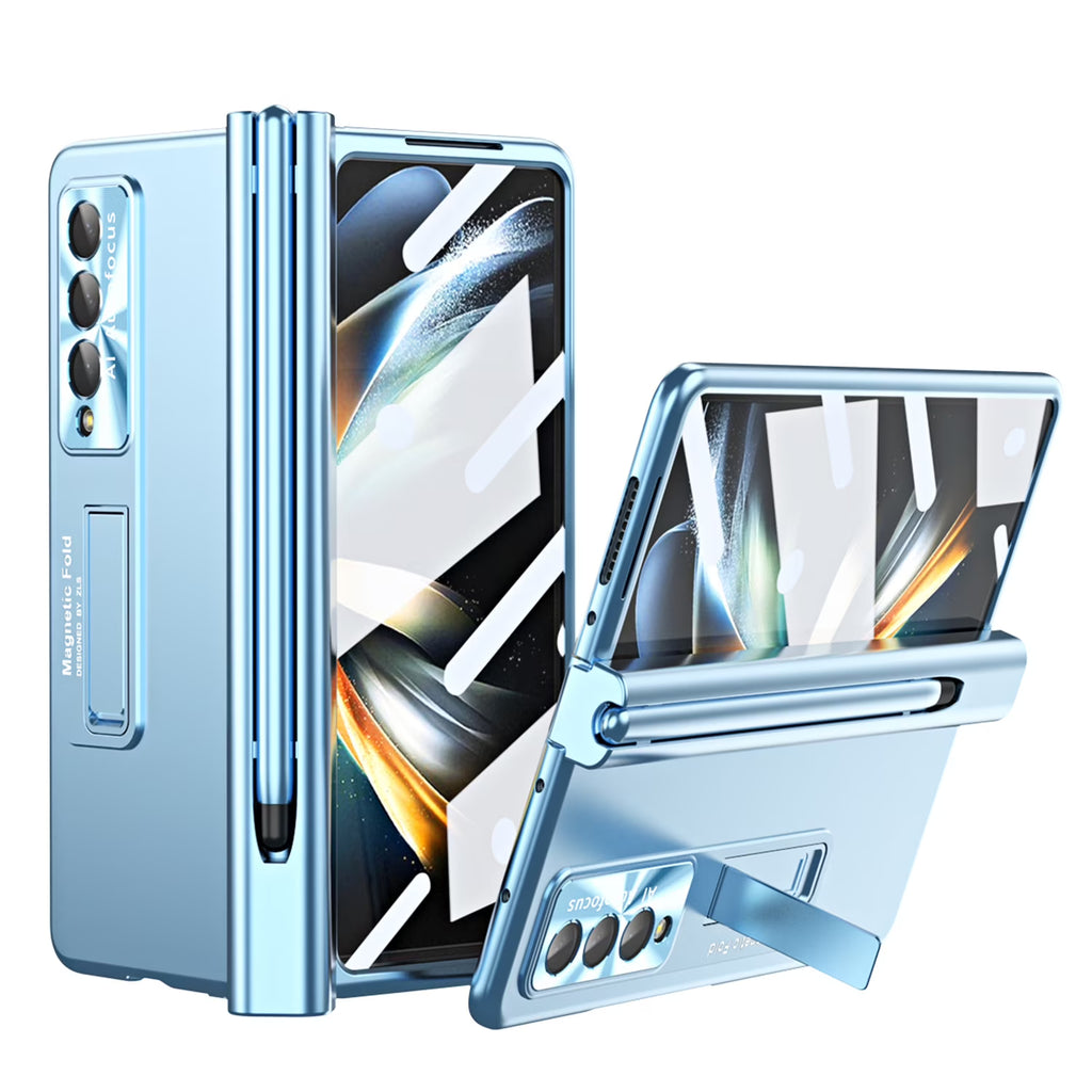Blue Shockproof Plating Stand Case for Samsung Galaxy Z Fold 5 5G with S Pen Holder N31745