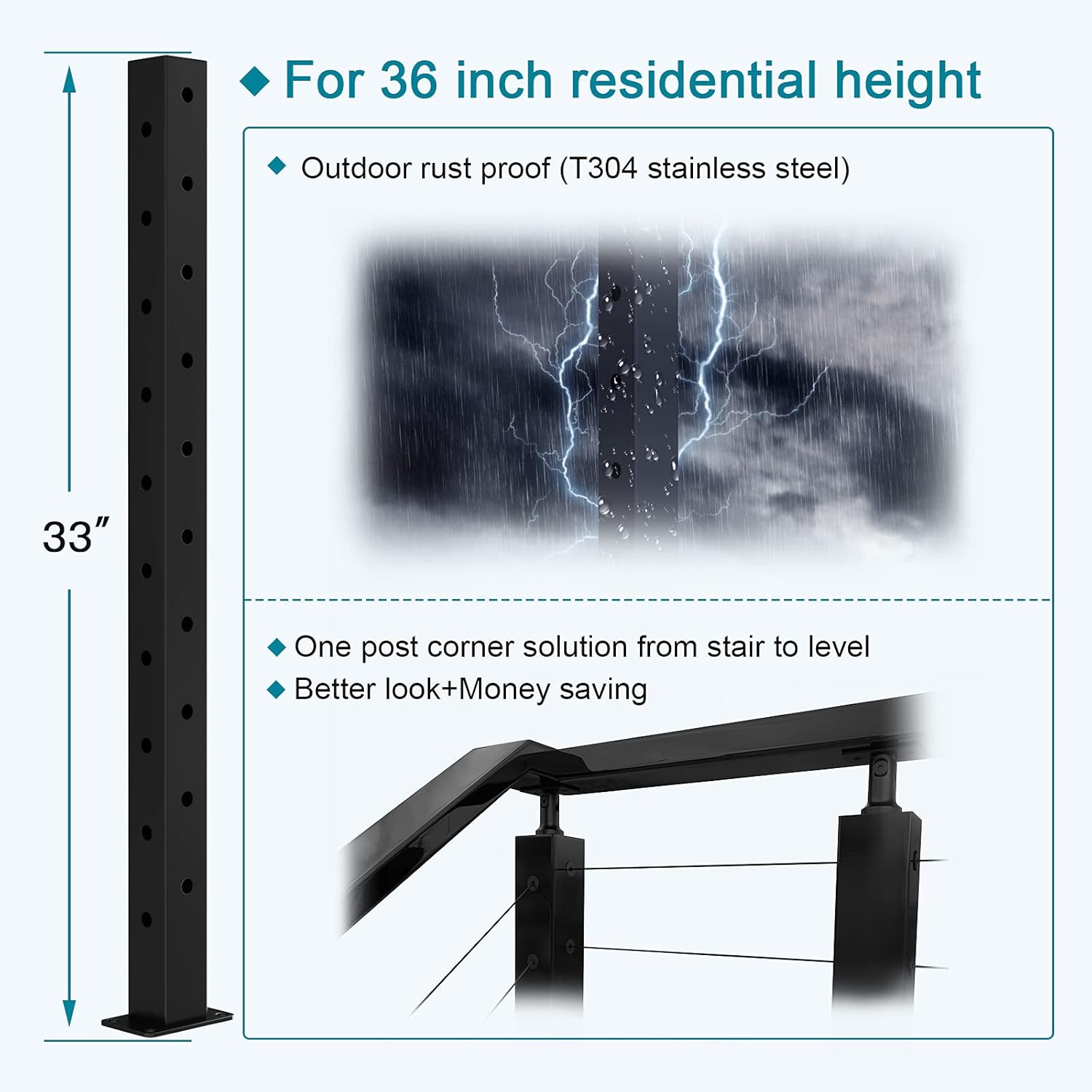 Black Square Pre-Drilled Cable Railing Corner Post J328