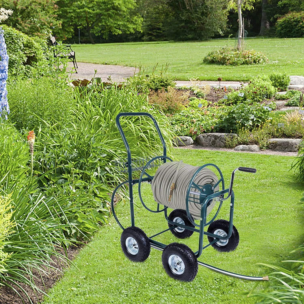 Garden Hose Reel Cart 4 Wheels with Storage Basket, Holds 390FT Hose D572507