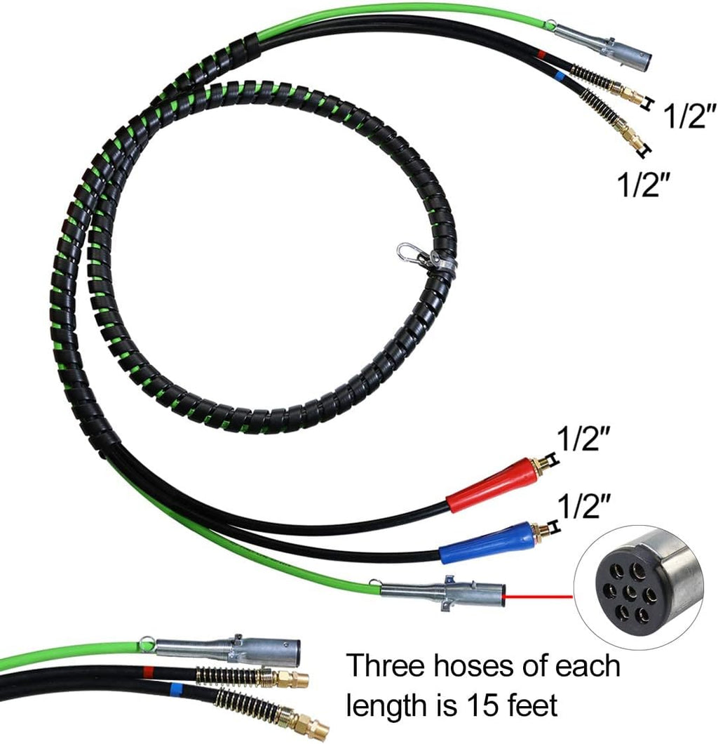 15 Ft 7 Way Heavy Duty Truck Tractor Trailer Electric Cable Wrap Cord ABS & Air Line Hose Assembly with Aluminum Glad Hands S5302
