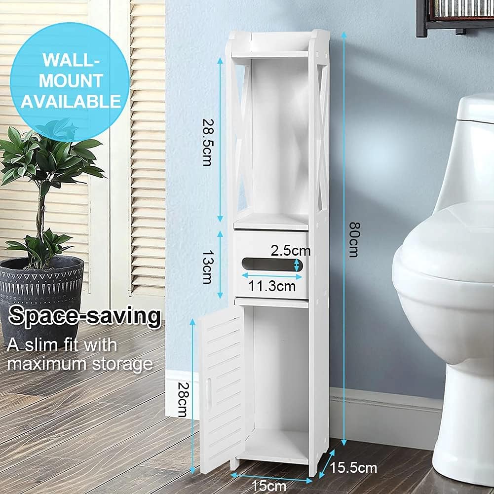 White Bathroom Floor Cabinet Storage Organizer, 31.5 x 6.1 x 5.9 inch K15760