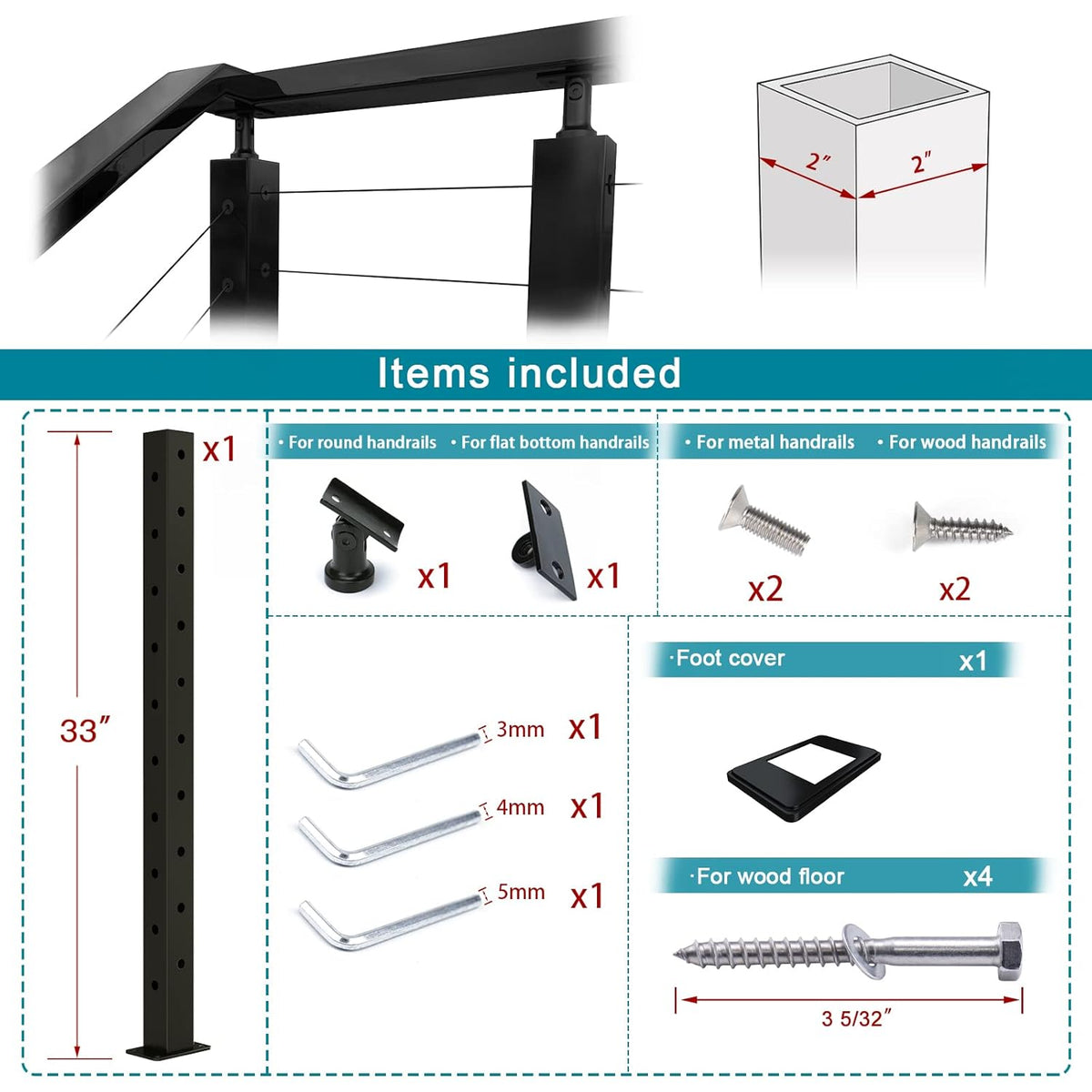 Black Square Pre-Drilled Cable Railing Corner Post J328