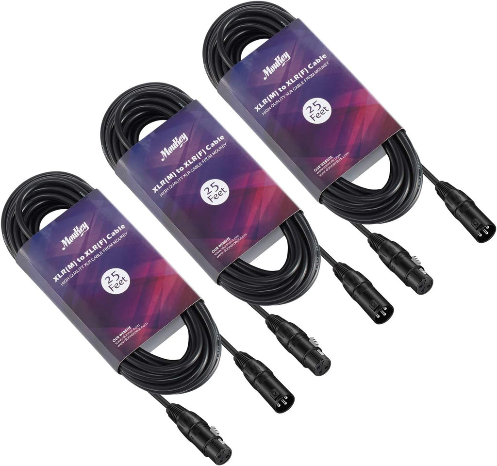 25ft XLR Microphone Male to Female Mic Cables Black 3-Pack V956888