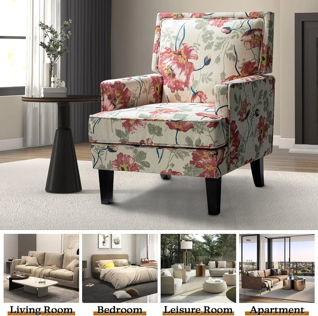 Red Floral Fabric Club Chair with Arms and Rubber Wood Legs L4389