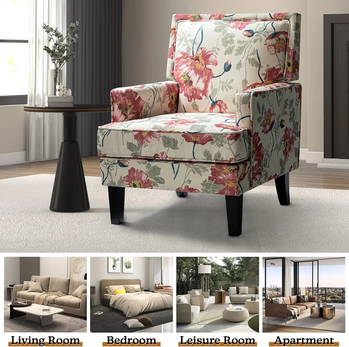 Red Floral Fabric Club Chair with Arms and Rubber Wood Legs L4389