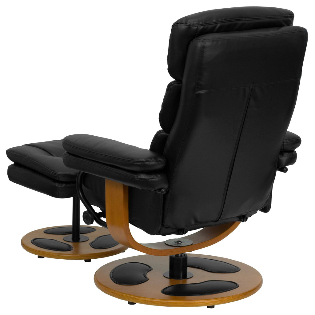 Black Leather Recliner and Ottoman with Wood Base Z63954