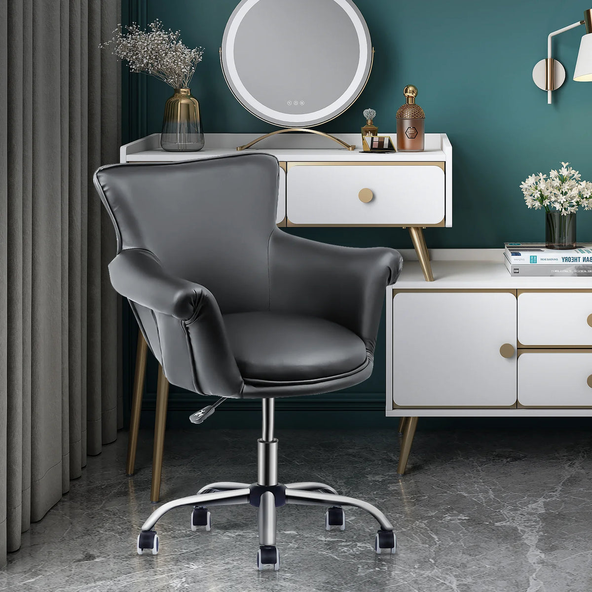 Black Upholstered Desk Chair with Wheels J449985