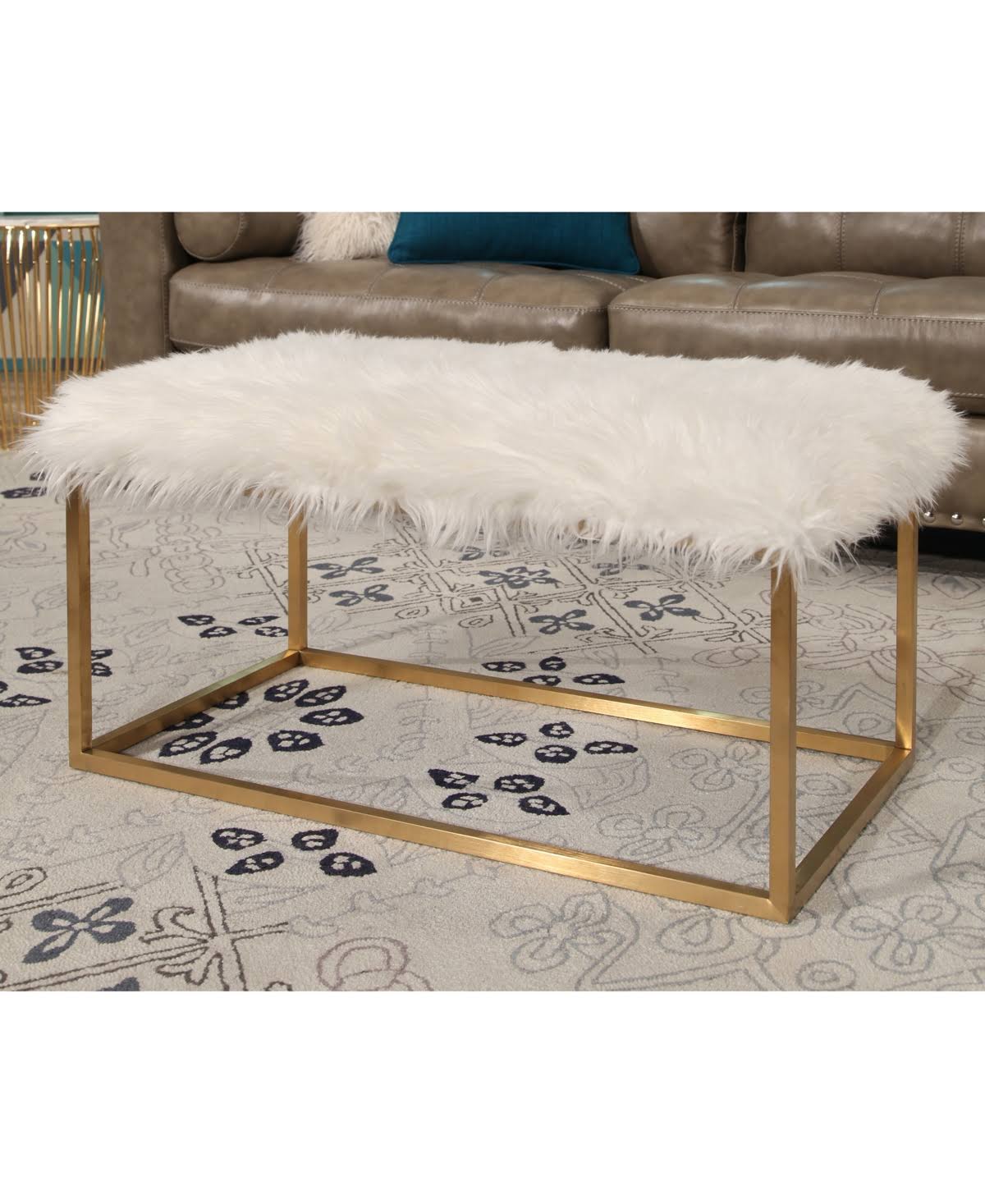 White Faux Fur Ottoman X682969