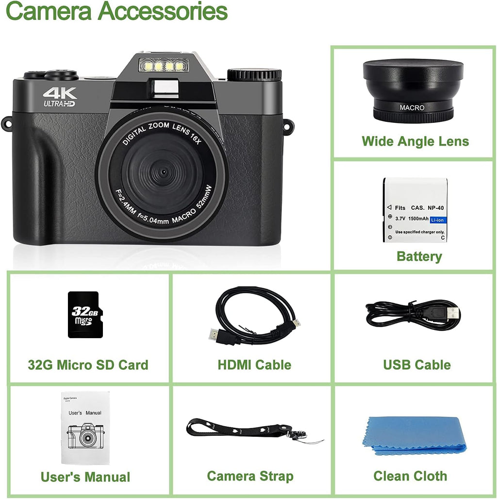 4K 48MP Digital Camera with 3.0 inch 180° Flip Screen and 32GB Memory Card Q42660