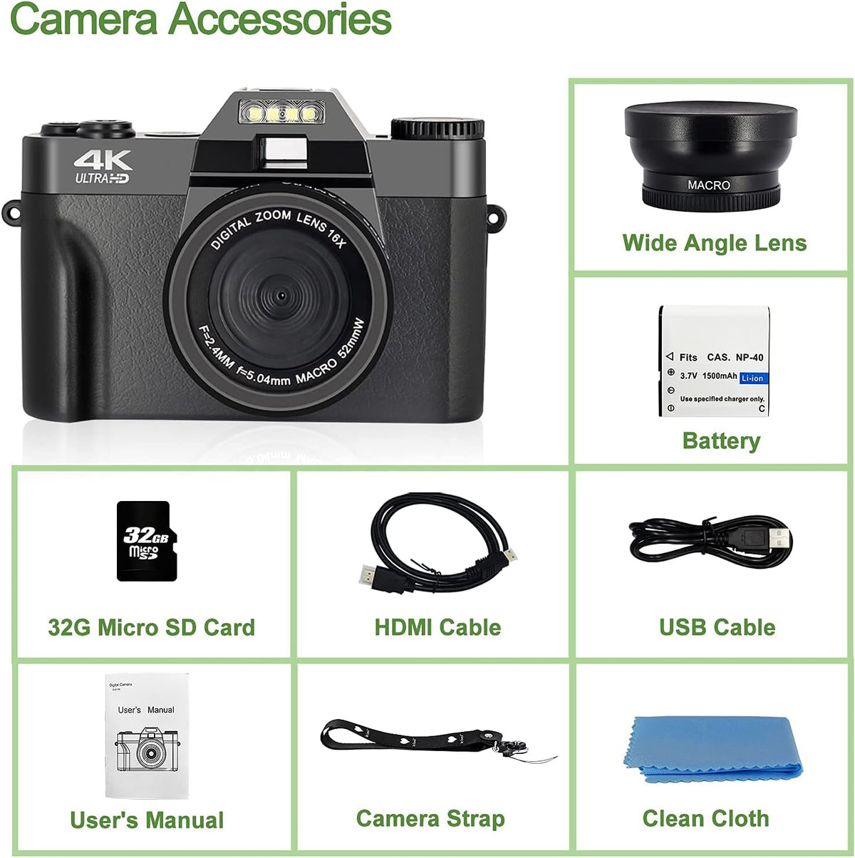 4K 48MP Digital Camera with 3.0 inch 180° Flip Screen and 32GB Memory Card Q42660