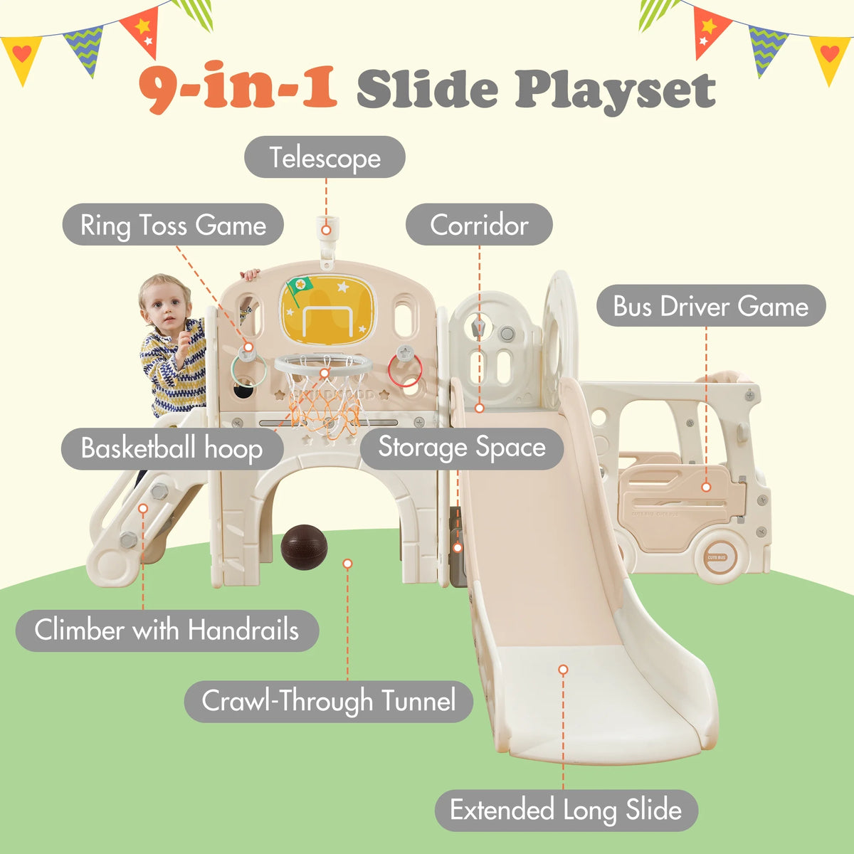 9 in 1 Kids Slide Playset with Basketball Hoop E808