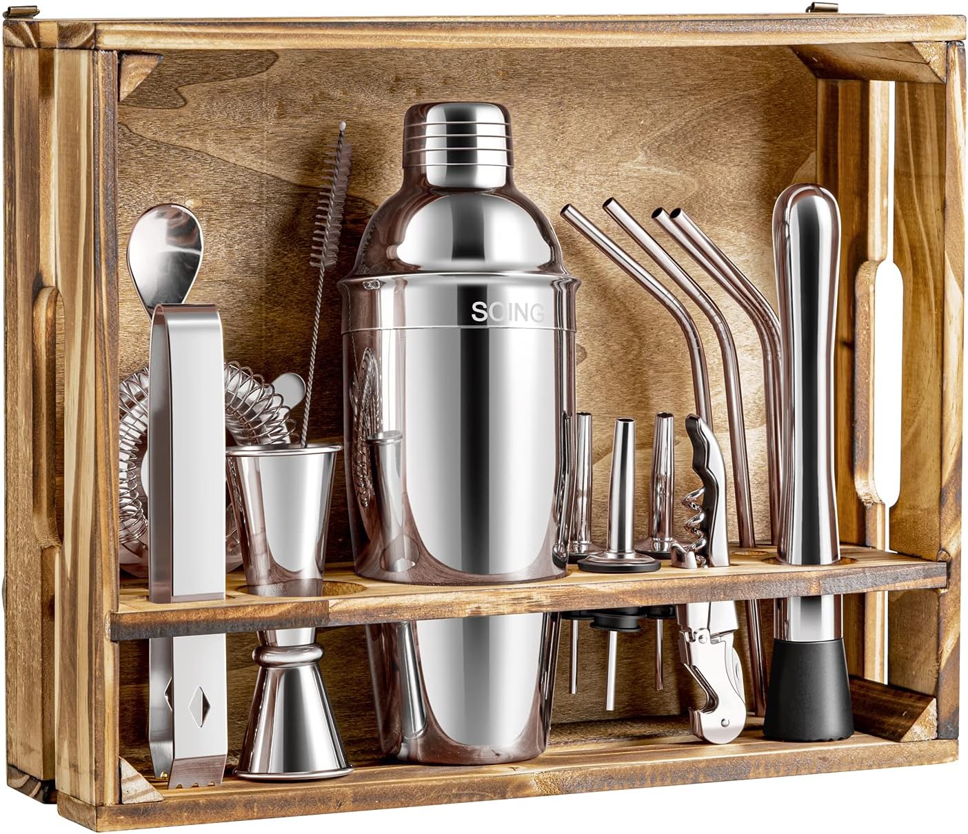16-Piece Bar Tools Set with Wooden Stand and Velvet Carry Bag (Gold) E32833