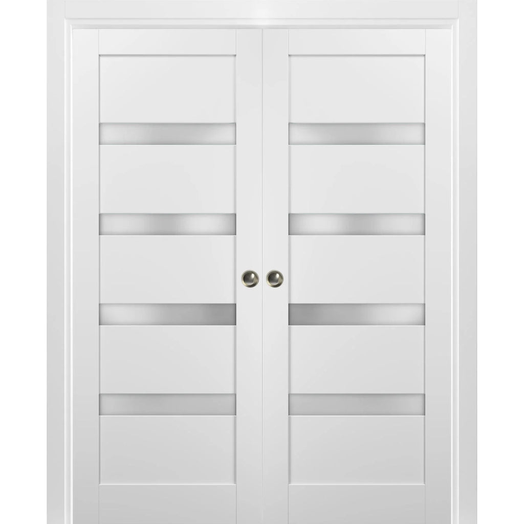 White Silk Frosted Opaque Glass Double Pocket Doors with Frames Z6595