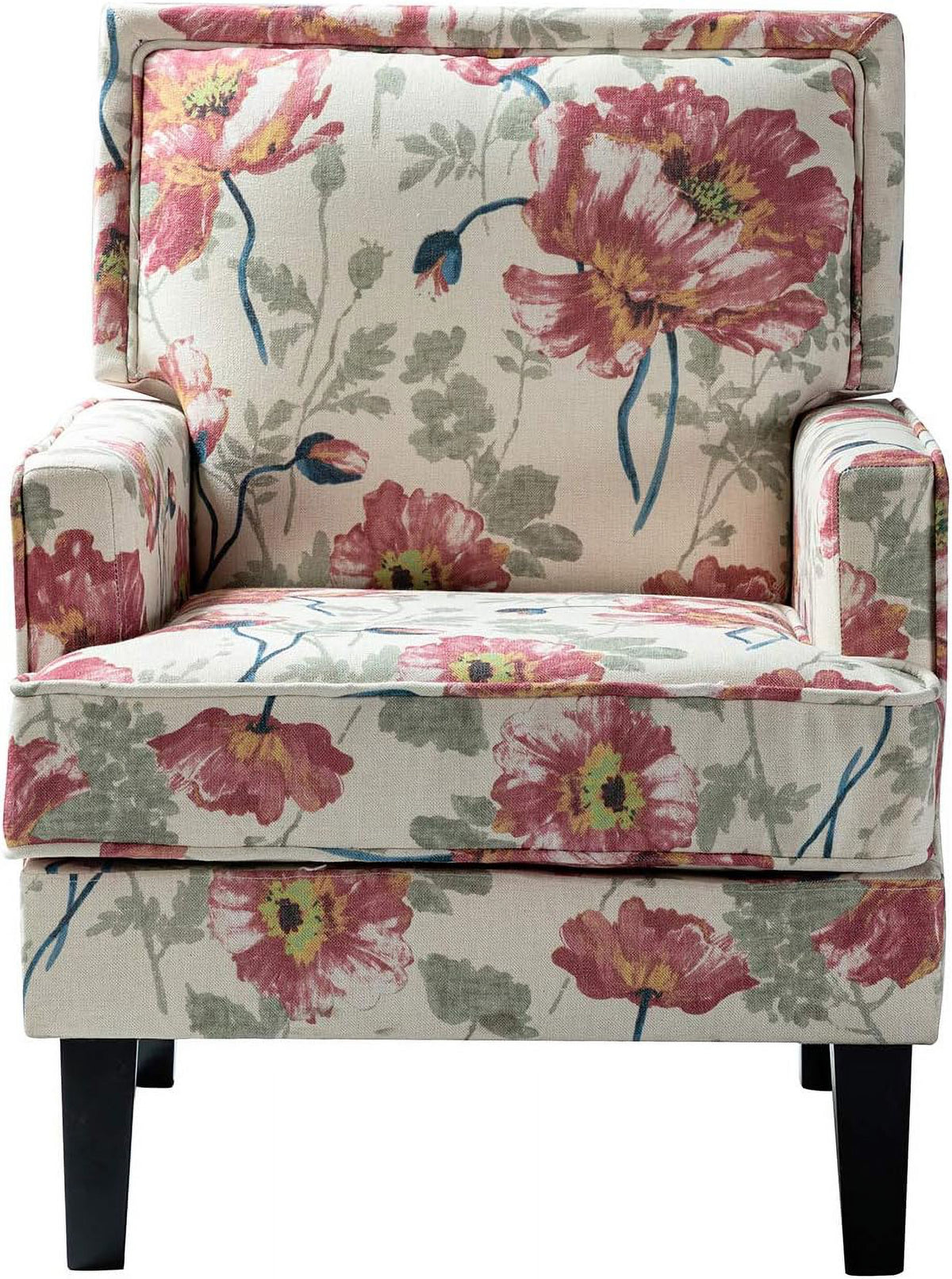Red Floral Fabric Club Chair with Arms and Rubber Wood Legs L4389