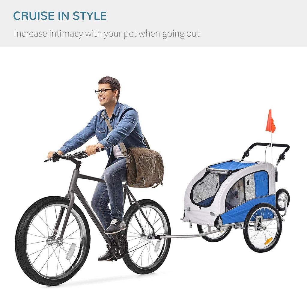 Blue Dog Bike Trailer Pet Stroller With Canopy And Storage Pockets U6740