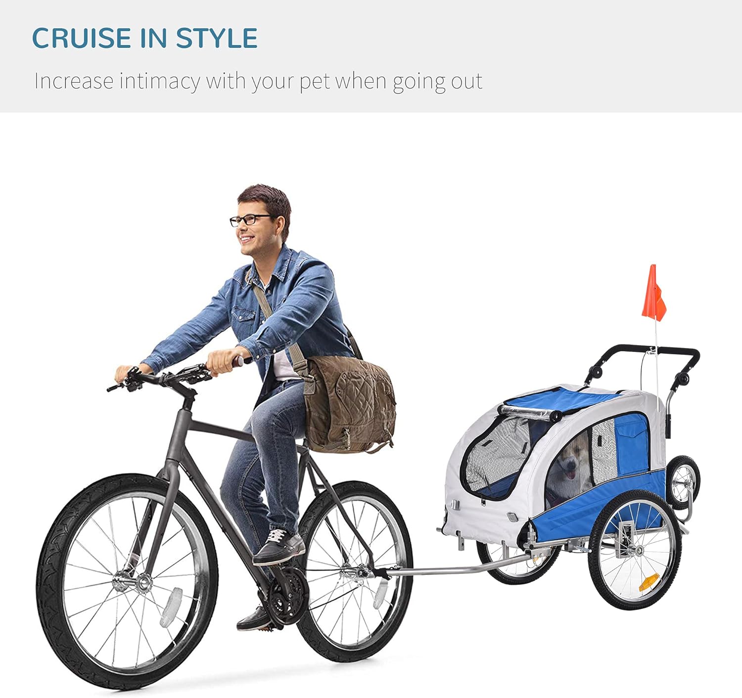 Blue Dog Bike Trailer Pet Stroller With Canopy And Storage Pockets U6740