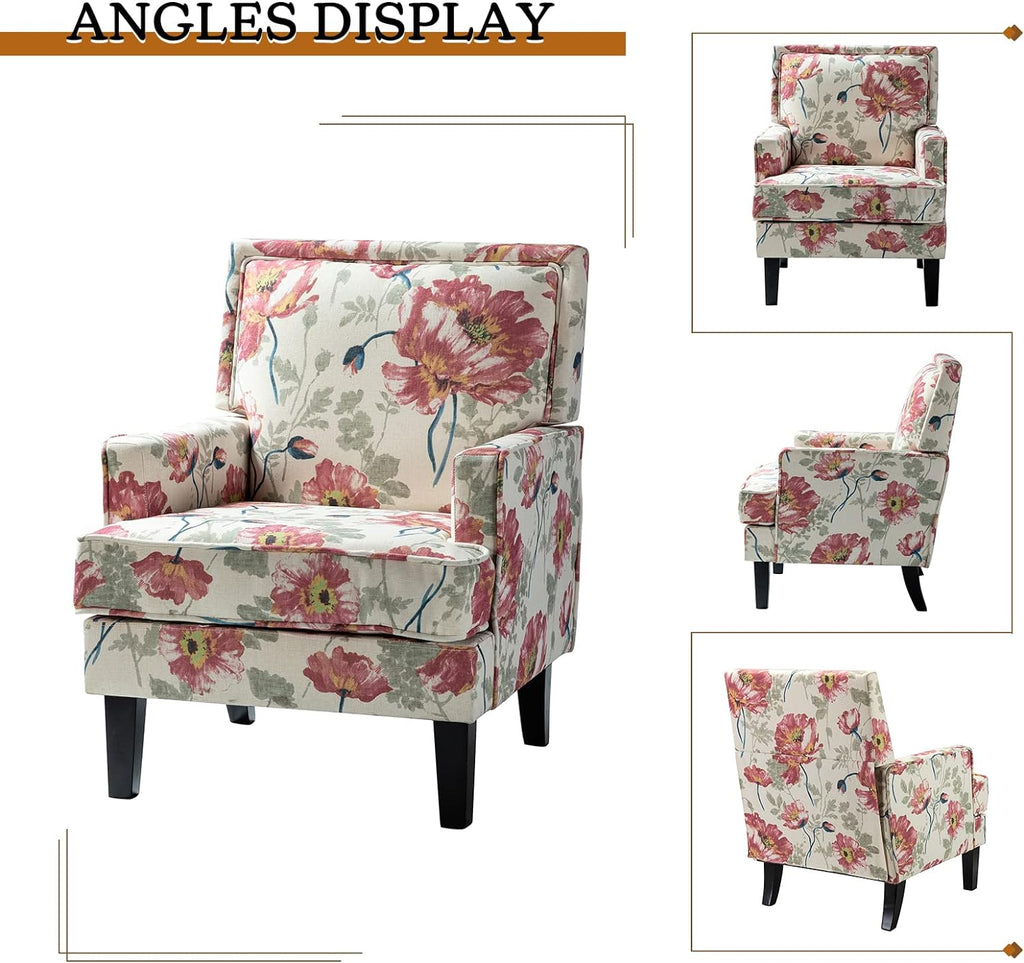 Red Floral Fabric Club Chair with Arms and Rubber Wood Legs L4389