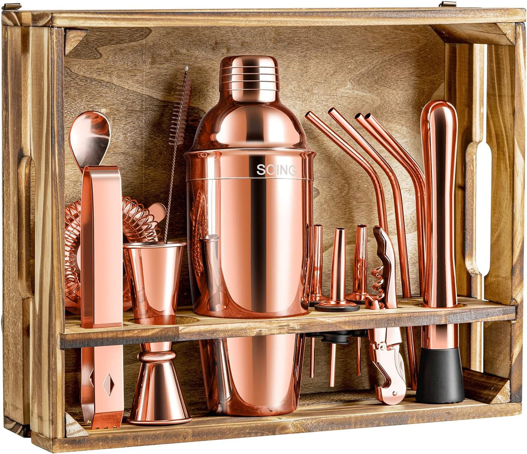 16-Piece Bar Tools Set with Wooden Stand and Velvet Carry Bag (Gold) E32833