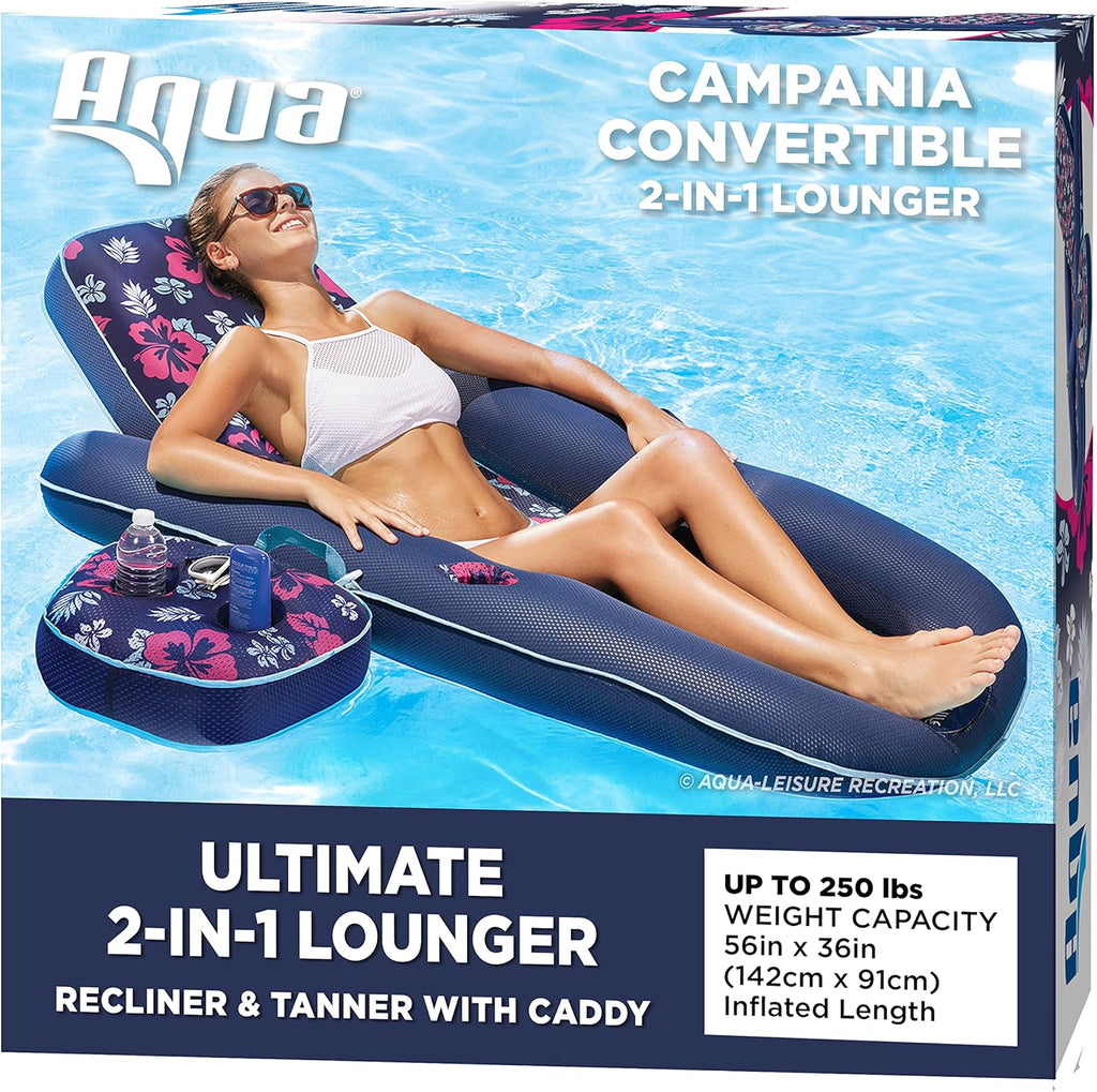 Navy Aqua White Stripe Inflatable Pool Float Lounge with Sunshade Canopy and Cupholder G18465