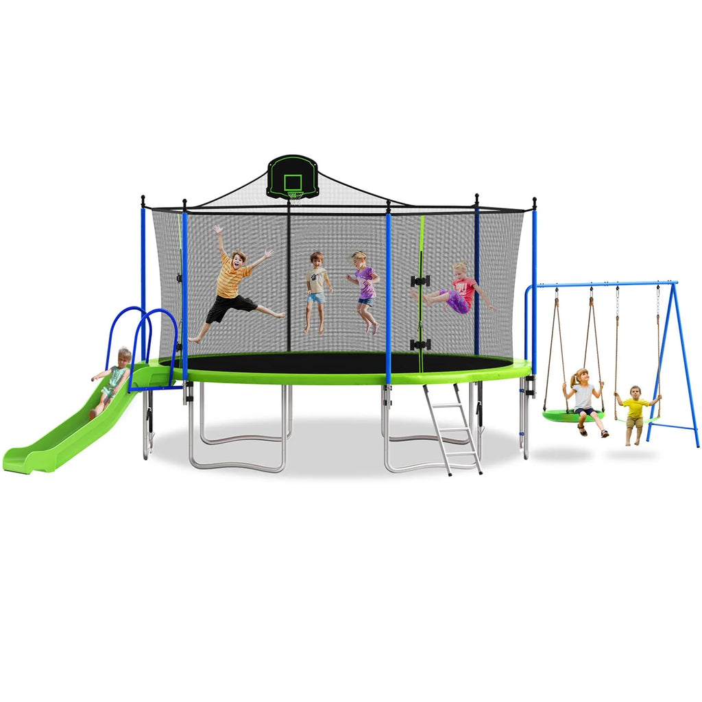 14FT Trampoline with Swing and Slide, 1200LBS Capacity, Outdoor Recreational Trampoline with Basketball Hoop Z9655