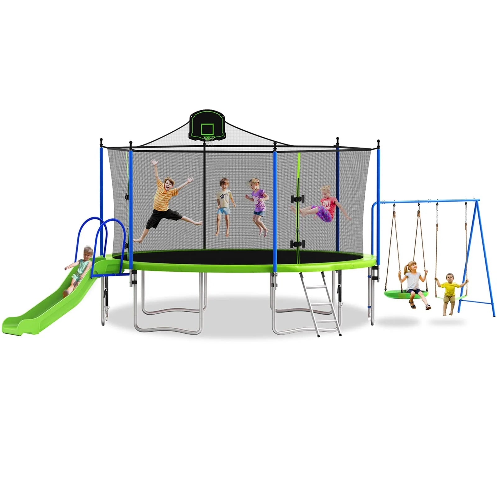 14FT Trampoline with Swing and Slide, 1200LBS Capacity, Outdoor Recreational Trampoline with Basketball Hoop Z9655