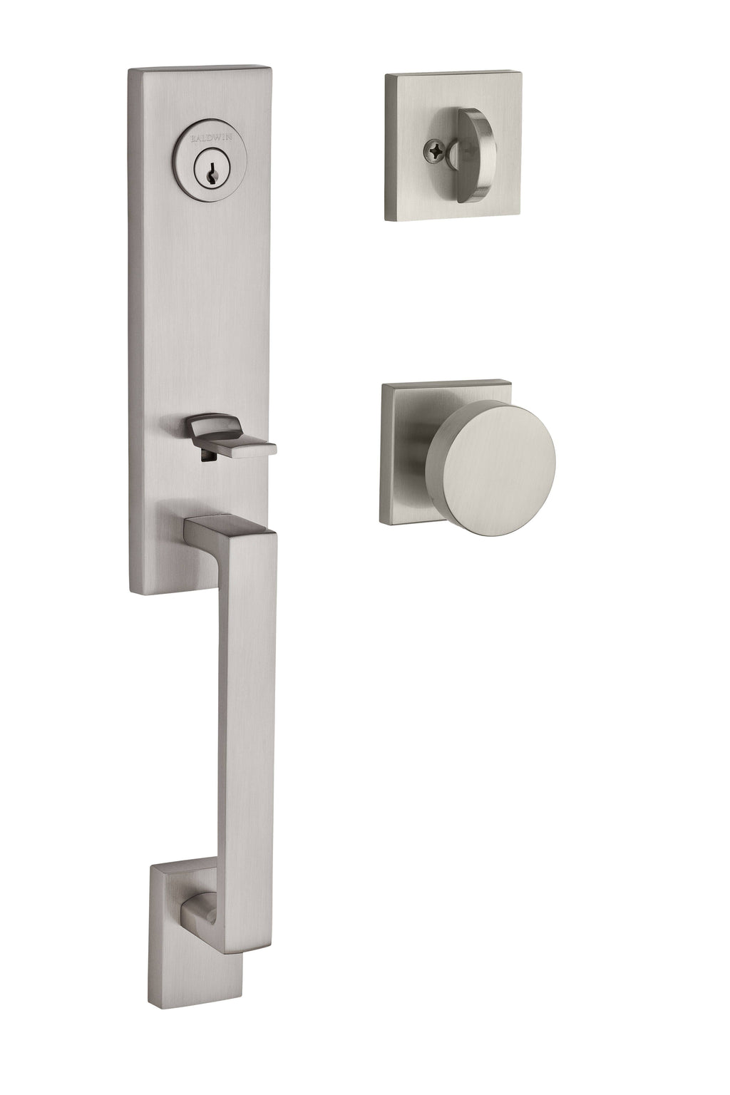 Satin Nickel Single Cylinder Handleset with Knob and Square Rose Y67393