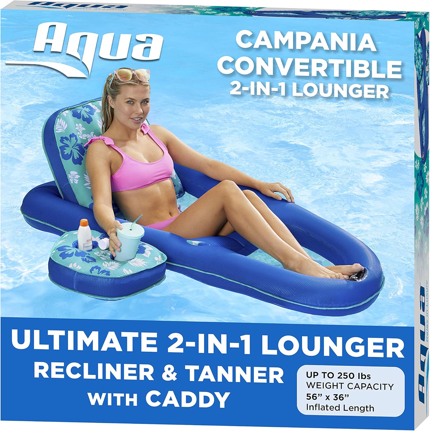 Navy Aqua White Stripe Inflatable Pool Float Lounge with Sunshade Canopy and Cupholder G18465