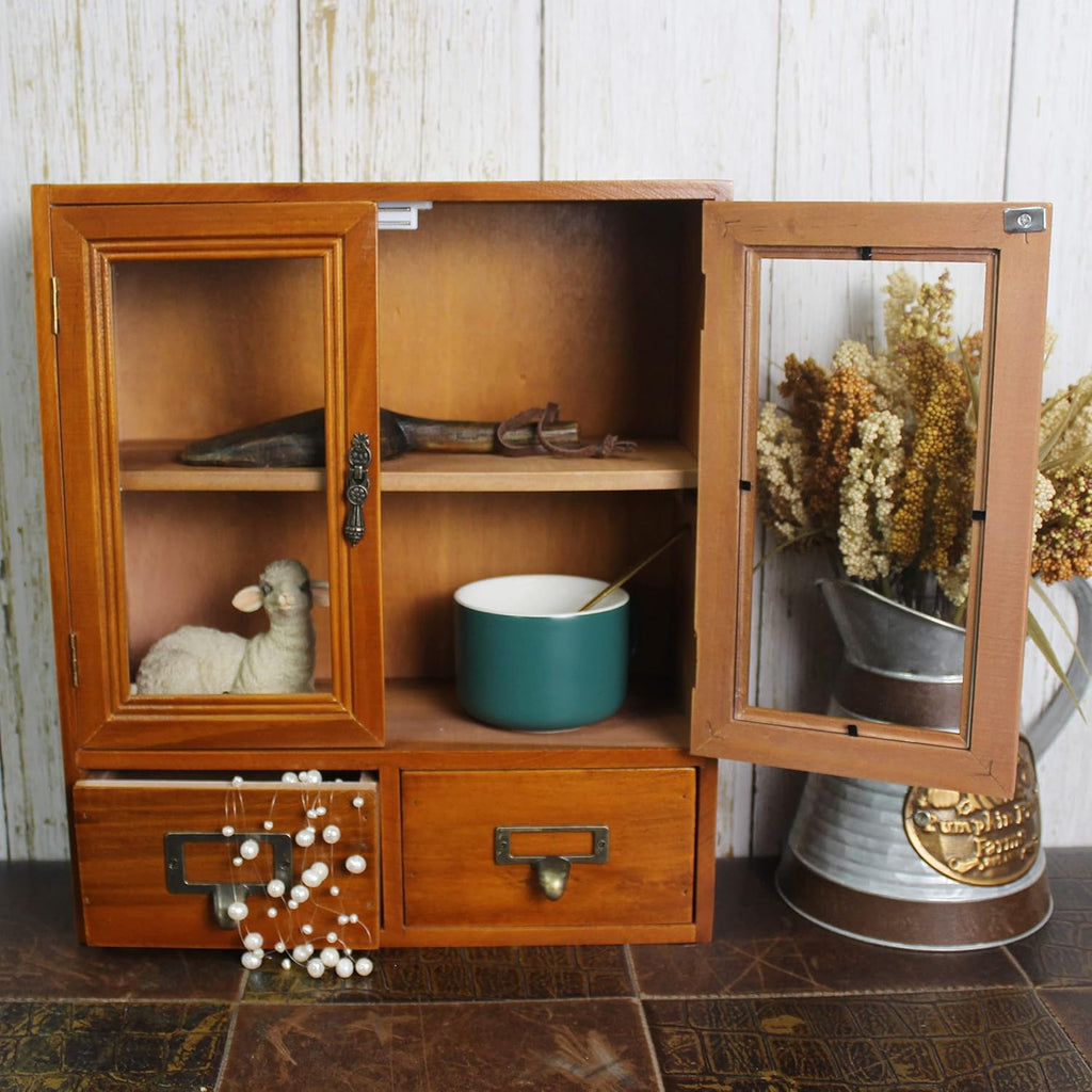 Wooden Storage Cabinet with Glass Double Doors and Adjustable Shelf and Two Drawers V23770