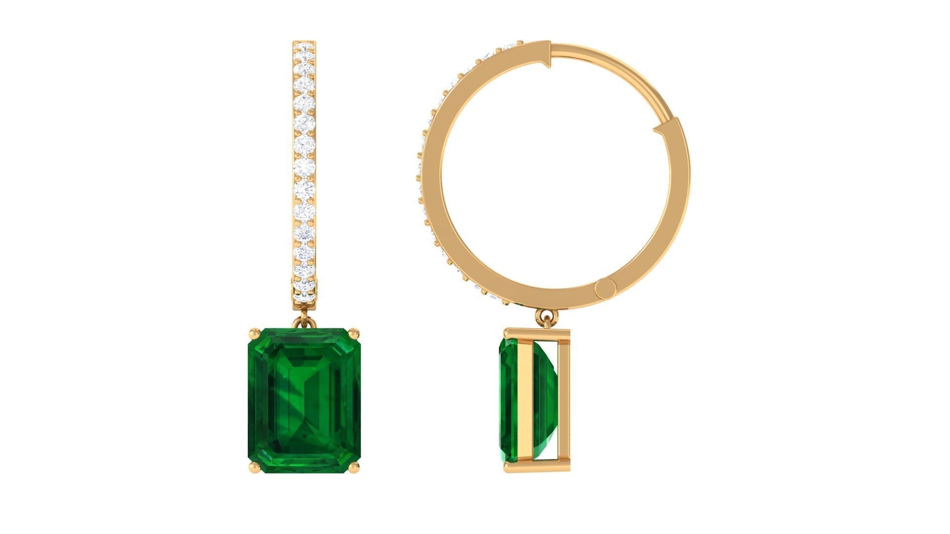 14K Yellow Gold Lab Created Emerald Drop Earrings with Diamond O59545