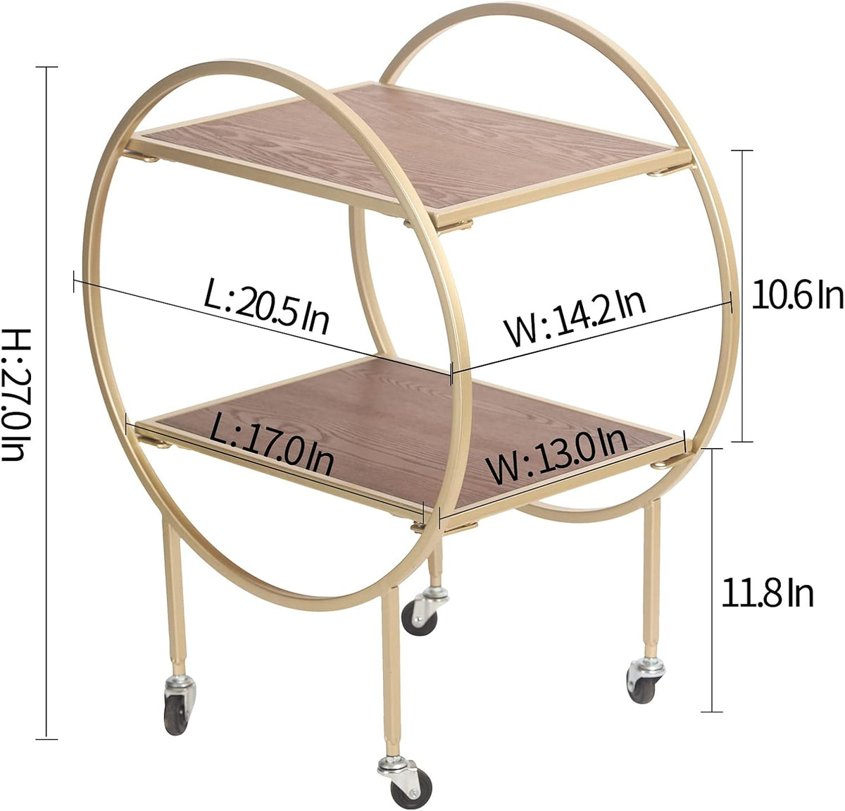 2-Tier Round Side Table with Wheels Metal Frame Removable Nightstand Utility Rolling Cart Q7647