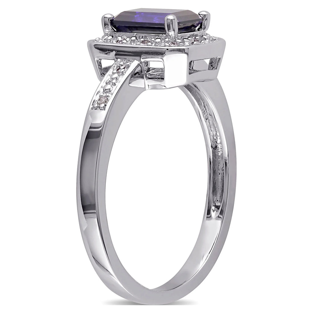 Emerald-Cut Created Blue Sapphire & Round Diamond Accent Sterling Silver Halo Ring Z262200