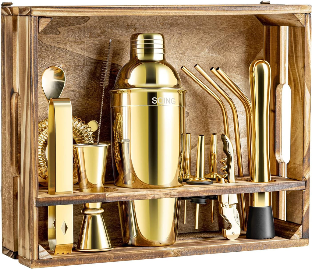 16-Piece Bar Tools Set with Wooden Stand and Velvet Carry Bag (Gold) E32833