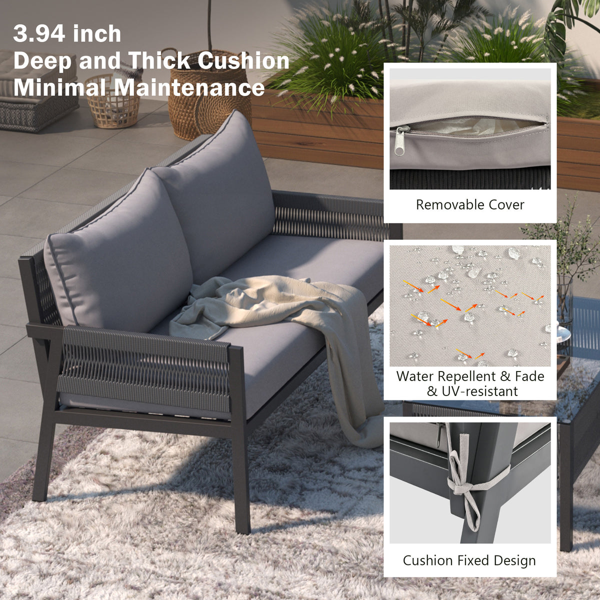 4PCS Outdoor Woven Rope Patio Furniture Set with Tempered Glass Tabletop G312548