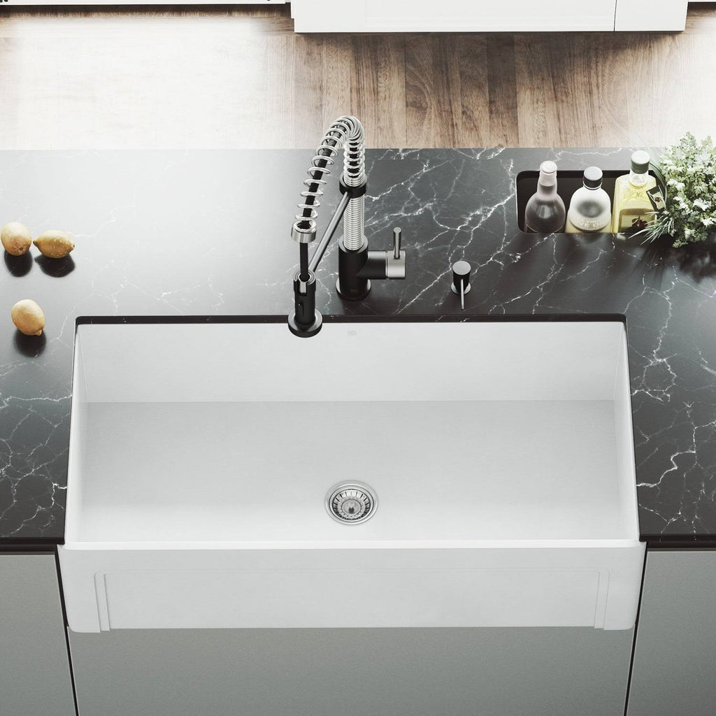 36 in. Matte Stone Farmhouse Kitchen Sink Set with Matte Black Faucet B155