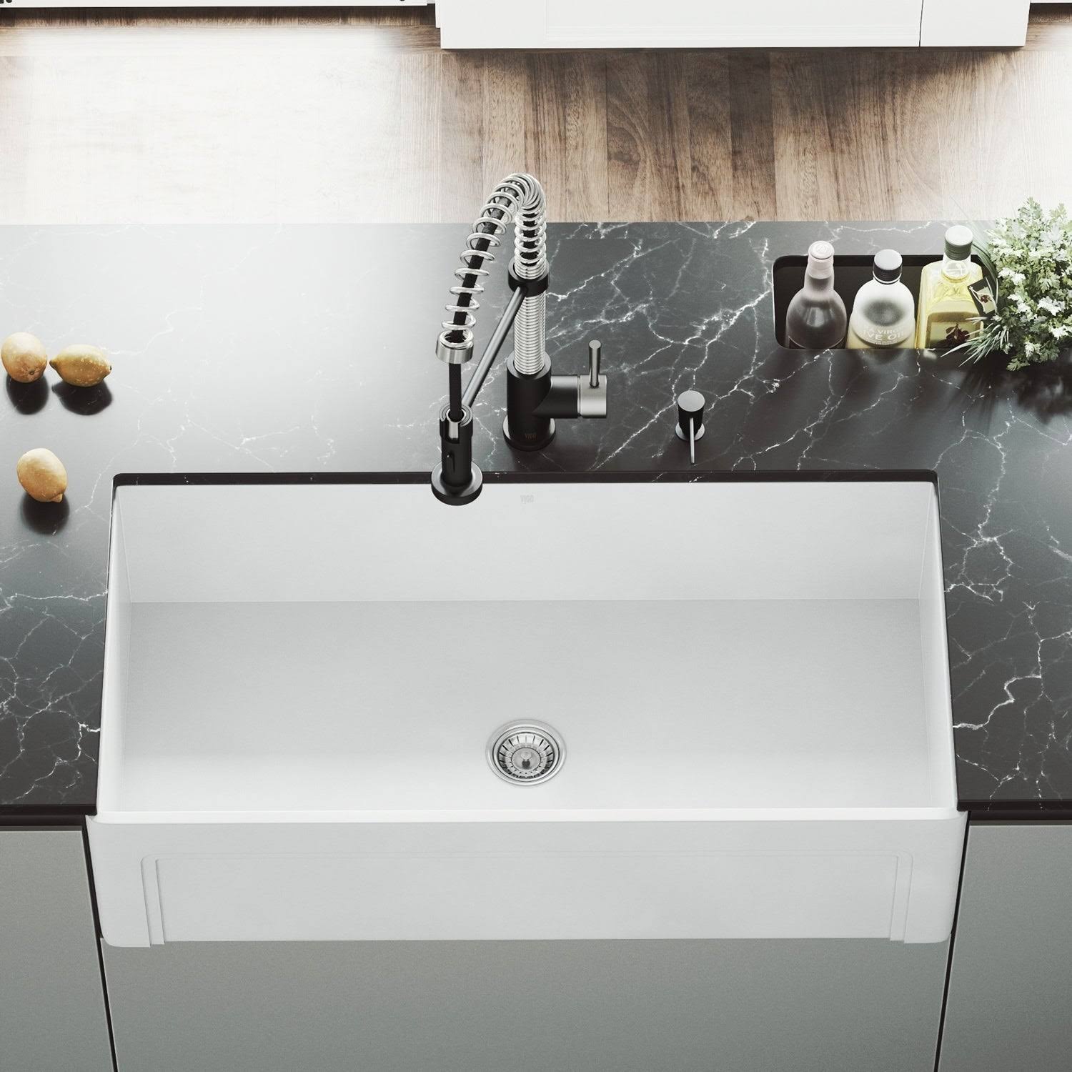 36 in. Matte Stone Farmhouse Kitchen Sink Set with Matte Black Faucet B155