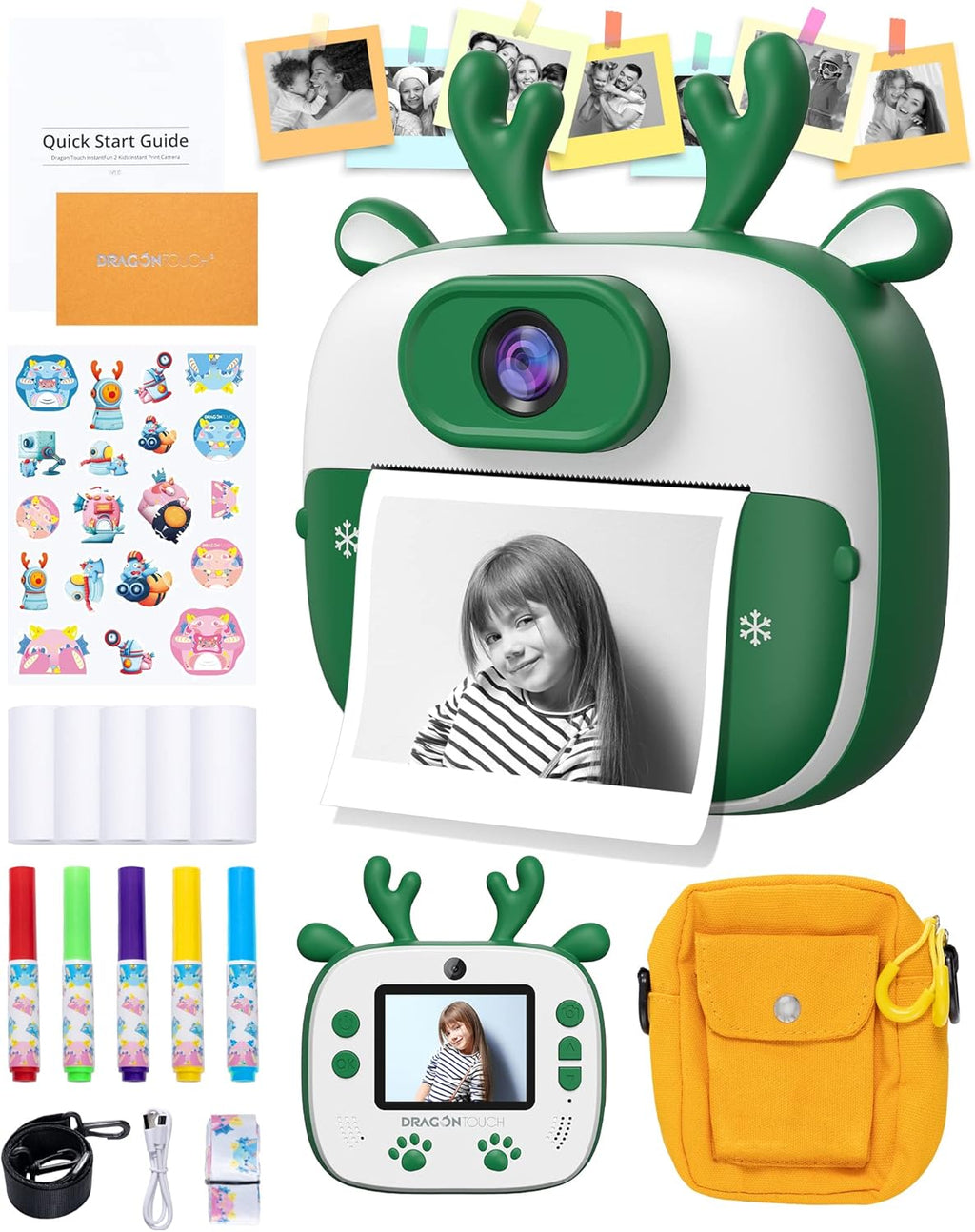 Instant Print Digital Camera with Dual Camera Lens, Print Paper, Cartoon Sticker, Color Pens and Camera Bag (Christmas Red) R280