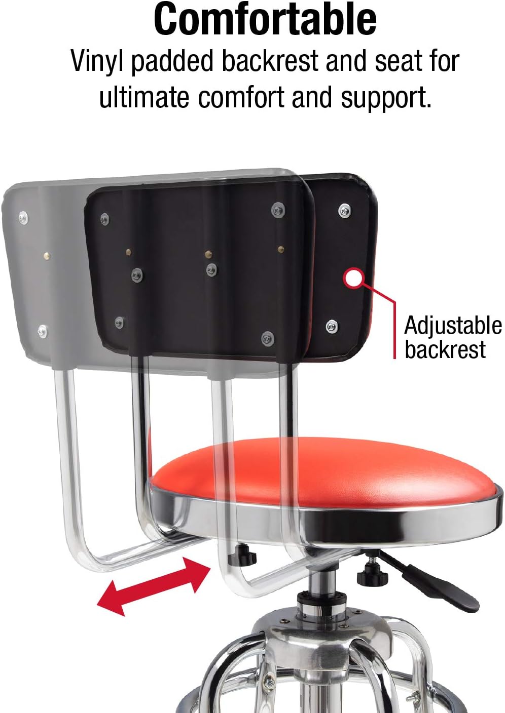 Hydraulic Shop Stool, Chrome Finish, Vinyl Padded Seat and Backrest, Slip Resistant Feet, 250-Pound Capacity, Pack of 2 V688764
