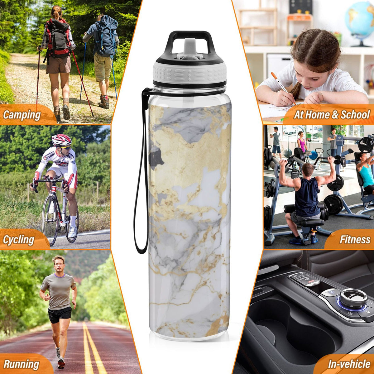 White and Black Golden Marble 32oz Tritan Leakproof Water Bottle with Straw I9032
