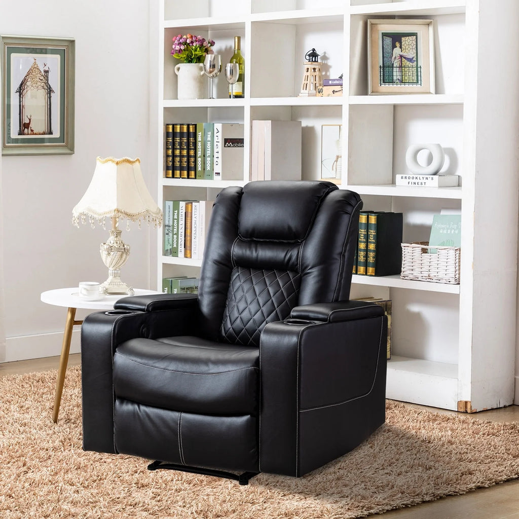 Brown Leather Home Theater Seating with USB Ports and Cup Holders E5793