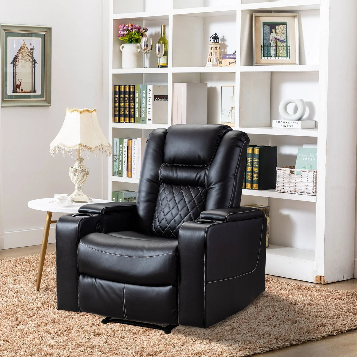 Brown Leather Home Theater Seating with USB Ports and Cup Holders E5793