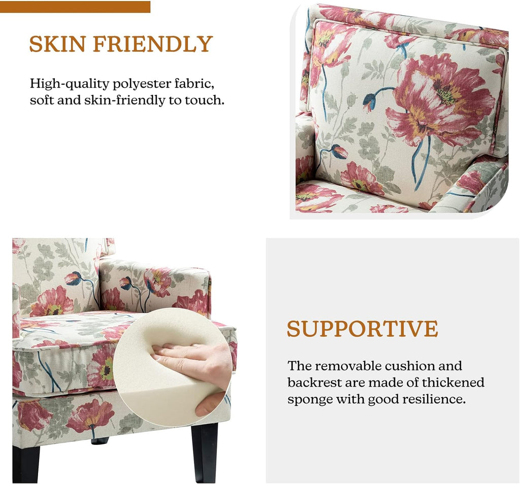 Red Floral Fabric Club Chair with Arms and Rubber Wood Legs L4389
