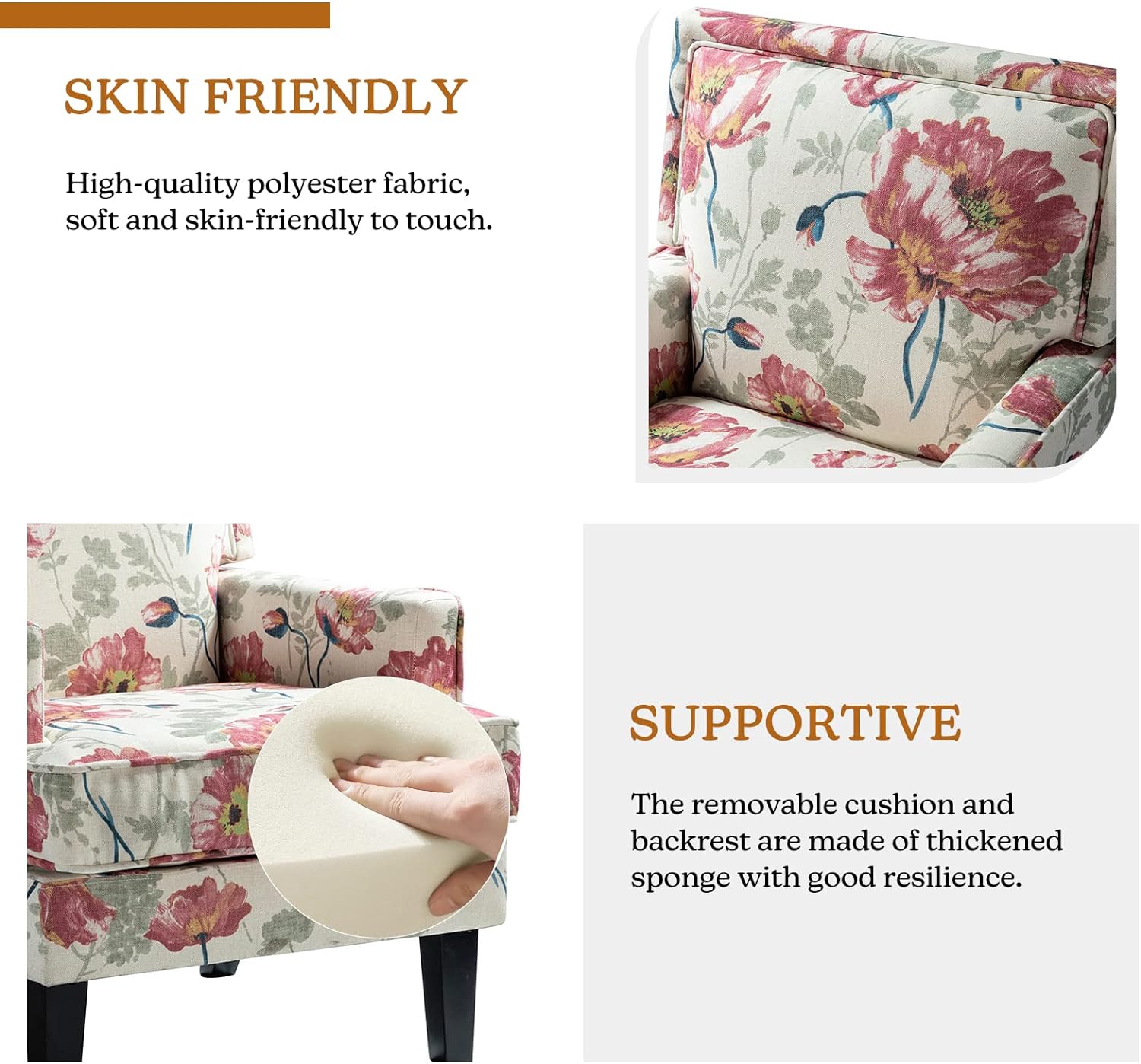Red Floral Fabric Club Chair with Arms and Rubber Wood Legs L4389